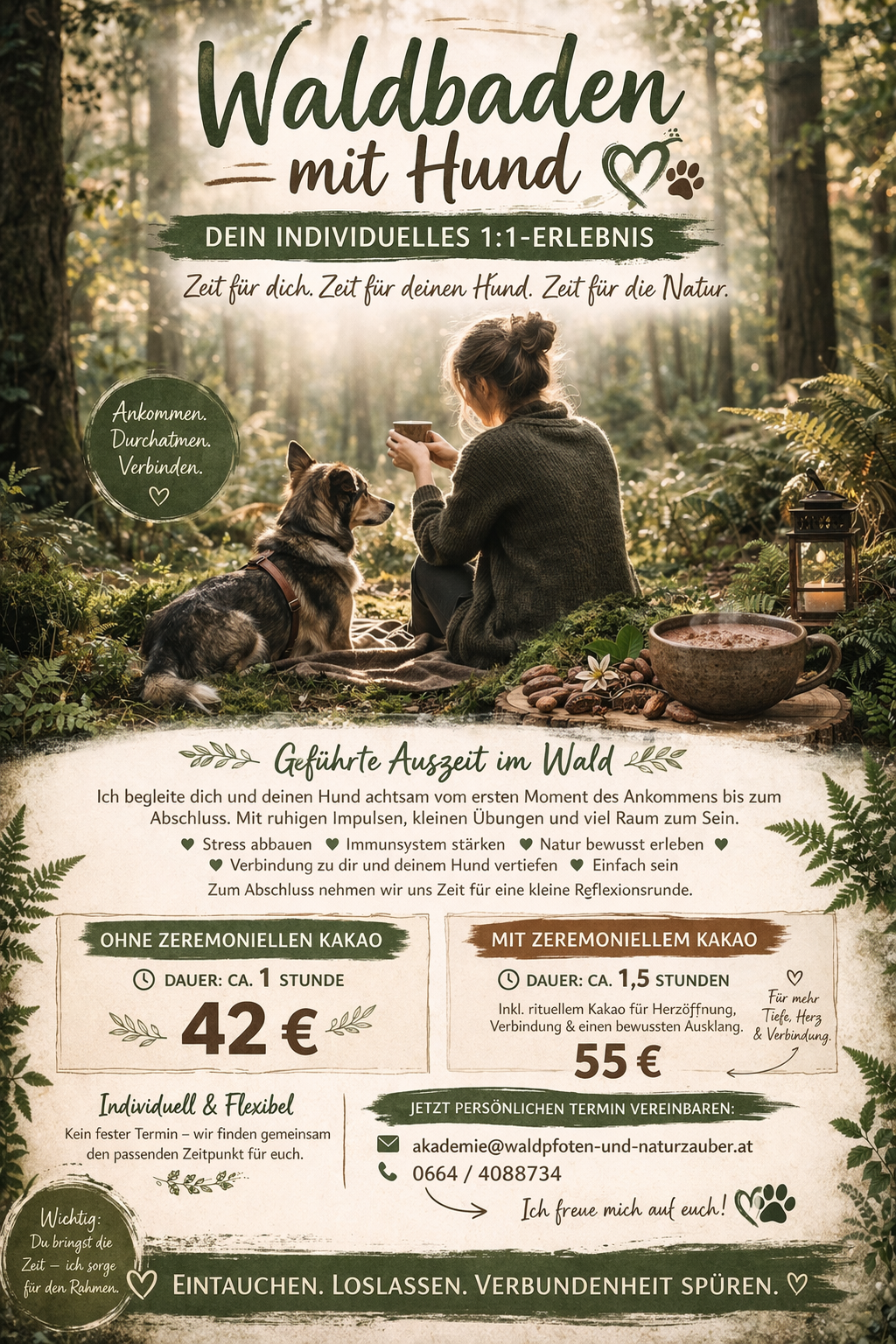 Eine Frau sitzt mit einem Hund neben sich auf einer Decke im Wald, eine Tasse in der Hand. Texteinblendungen werben für ein geführtes Waldbadeerlebnis mit oder ohne zeremoniellen Kakao.
