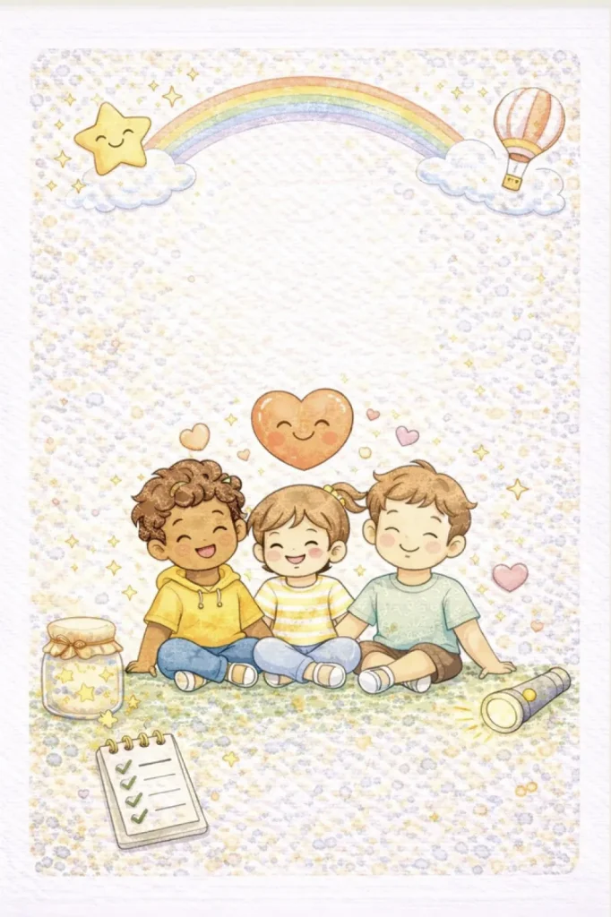 Aquarell-Illustration von drei lächelnden Kindern, die nebeneinander auf einer Wiese sitzen, umgeben von einem Regenbogen, Sternen, einem Heißluftballon und einem leuchtenden Herz – Symbol für Freundschaft und Zusammenhalt